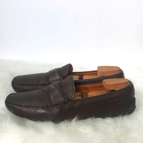 Prada Mens Brown Leather Round Toe Slip On Casual Loafer Shoes Size 10 Coa - Picture 2 of 10